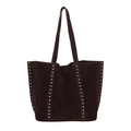 Vintage dark brown suede tote bag featuring vertical silver rivet studs and slim straps - Brown