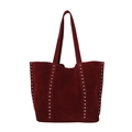 Retro burgundy suede tote bag with decorative silver rivets and large capacity - Red