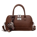 Retro dark brown bowling-style handbag with heart leopard print charm and silver lock - With Pendant / Brown