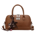 Brown faux leather bowling bag with lychee texture and leopard heart charm - With Pendant / Dark Brown