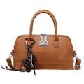 Brown faux leather bowling bag with leopard heart charm and silver square lock - With Pendant / Light Brown