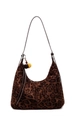 Leoparden-Hobo-Tasche aus Wildlederimitat mit braunen Riemen und Pompom-Anhängern - Braun