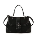 Vintage black suede crossbody handbag with leather trim and large silver buckle detail - Black