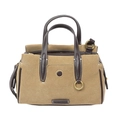 Khaki suede tote bag with dark brown leather handles and brand label detail - Frosted Apricot Brown