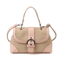 Pink and beige faux suede handbag with horseshoe metal buckle and top handle - Pink