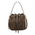 Bolso tipo cubo verde oliva en gamuza con flecos largos y herrajes dorados - Verde