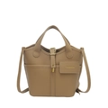 Braune Beuteltasche aus Leder mit Lychee-Muster, goldener Schließe und Kartenschlitz - Khaki