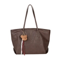 Grand cabas en cuir mat café rétro avec détail de breloque ours en peluche mignon - Avec Pendentif / Marron
