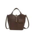 Dark brown bucket bag in litchi grain faux leather with top handles and fashion tag - Brown