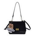 Retro black suede-leather crossbody bag with bear pendant and gold twist-lock closure - With Pendant / Black