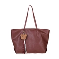 Grand sac cabas rétro bordeaux avec texture litchi et charmant ours en peluche brun - Avec Pendentif / Rouge