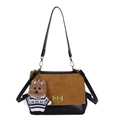 Vintage suede patchwork handbag with gold clasp, shoulder straps and plush bear charm - With Pendant / Brown