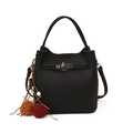 Black lychee texture bucket bag with silver lock and plush ball charm accessory - With Pendant / Black