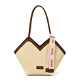 Grande borsa tote vintage in tessuto intrecciato beige con rifiniture in pelle - Bianco Sporco