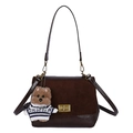 Dark brown vintage suede shoulder bag with gold clasp and cute bear charm pendant - With Pendant / Khaki