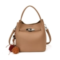Minimalist khaki bucket handbag with lychee texture and decorative dual fur pom-poms - With Pendant / Khaki