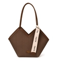 Brown woven tote bag with V-shaped opening and canvas strap on a white background - Brown