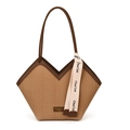 Brown woven vintage tote bag with leather handles and silk ribbon detail - Brown