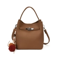 Brown litchi grain bucket bag with silver turn-lock and colorful pompom pendant decoration - With Pendant / Brown
