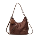 Brown faux suede hobo shoulder bag with matching mini round pouch and silver zippers - Coffee
