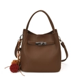 Brown litchi grain bucket bag with silver lock, top handle and detachable shoulder strap - With Pendant / Brown