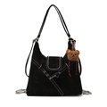 Black faux suede tote bag with white contrast stitching and cute plush bear charm - With Pendant / Black