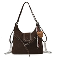 Retro large capacity dark brown suede shoulder bag with plush bear and tassel charms - With Pendant / Brown