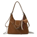 Brown faux suede convertible backpack with cute bear pendant and white stitching details - With Pendant / Brown