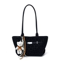 Large black leopard embossed suede tote bag with belt detail and teddy bear charm - Black