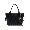 Elegante schwarze gesteppte Beuteltasche mit Webstruktur und buntem Perlen-Anhänger - Schwarz