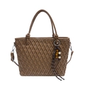 Brown woven leather bucket bag with decorative wooden bead charm and long shoulder strap - Khaki