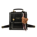 Sac à dos rétro en similicuir noir avec coutures blanches et breloque ours mignon - Avec Pendentif / Noir