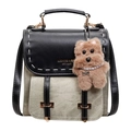 Sac à bandoulière rétro bicolore avec rabat en cuir noir et pendentif ours - Avec Pendentif / Beige et Noir