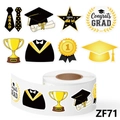 Rotolo di 500 adesivi per laurea in nero e oro con cappelli e diplomi decorati - Stile Laurea Nero Oro (ZF71)