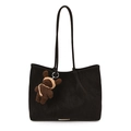 Large black suede tote bag with dual shoulder straps and a cute brown bear charm - With Pendant / Dark Coffee