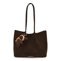 Deep coffee suede tote bag with slim shoulder straps and a cute brown bear charm - With Pendant / Light Coffee