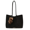 Minimalist black faux suede tote bag featuring a cute brown knitted bear keychain charm - With Pendant / Black