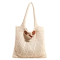 Borsa tote in maglia color crema con motivo a rombi e chiusura con bottone in corno retrò - Bianco Sporco