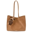 Minimalist tan leather tote bag with long handles and a cute brown woven bear charm - With Pendant / Brown