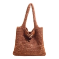 Borsa tote all'uncinetto caramello con chiusura in corno e trama in maglia vintage - Marrone