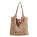 Grande borsa tote in maglia traforata con motivo a rombi e chiusura a alamaro vintage - Cachi