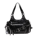 Bolso tote negro brillante estilo punk con correas de ojales y cremalleras de metal - Negro