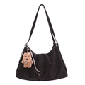 Deep brown matte tote bag with shoulder strap and plush bear charm accessory - With Pendant / Ebony
