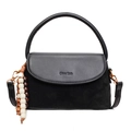 Black soft leather crossbody bag with suede patchwork and beaded tassel pendant - Black