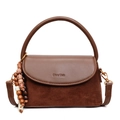 Brown faux leather crossbody bag with suede patchwork and wooden bead charm - Brown