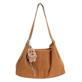 Brown matte suede dumpling tote bag with a cute plush dog pendant accessory - With Pendant / Brown