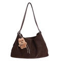 Vintage dark brown faux suede tote bag with plush bear pendant and soft silhouette - With Pendant / Brown