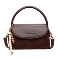 Brown leather and suede crossbody bag with round handle and beaded tassel charm - Coffee