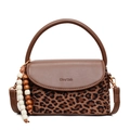 Ethnic beaded leopard print handbag with leather flap and bronze hardware accents - Leopard Brown