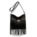 Fashionable black faux suede tote bag with gold studs, fringe details and cat zipper - Black